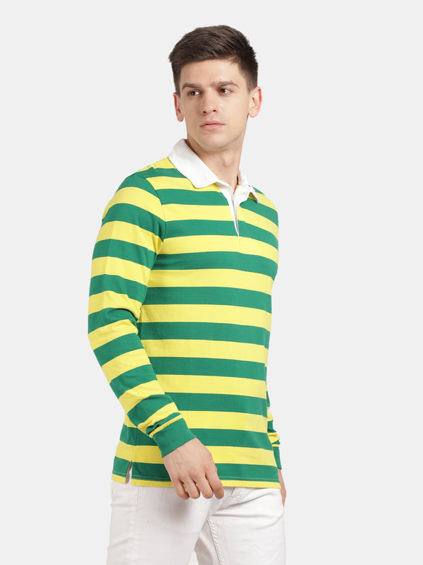 Men's Green&Yellow Striped  Rugby F/S Polo-tshirt