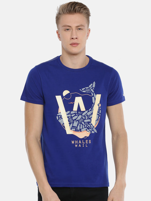 Men's Royal Blue Printed Crew Neck T-shirt